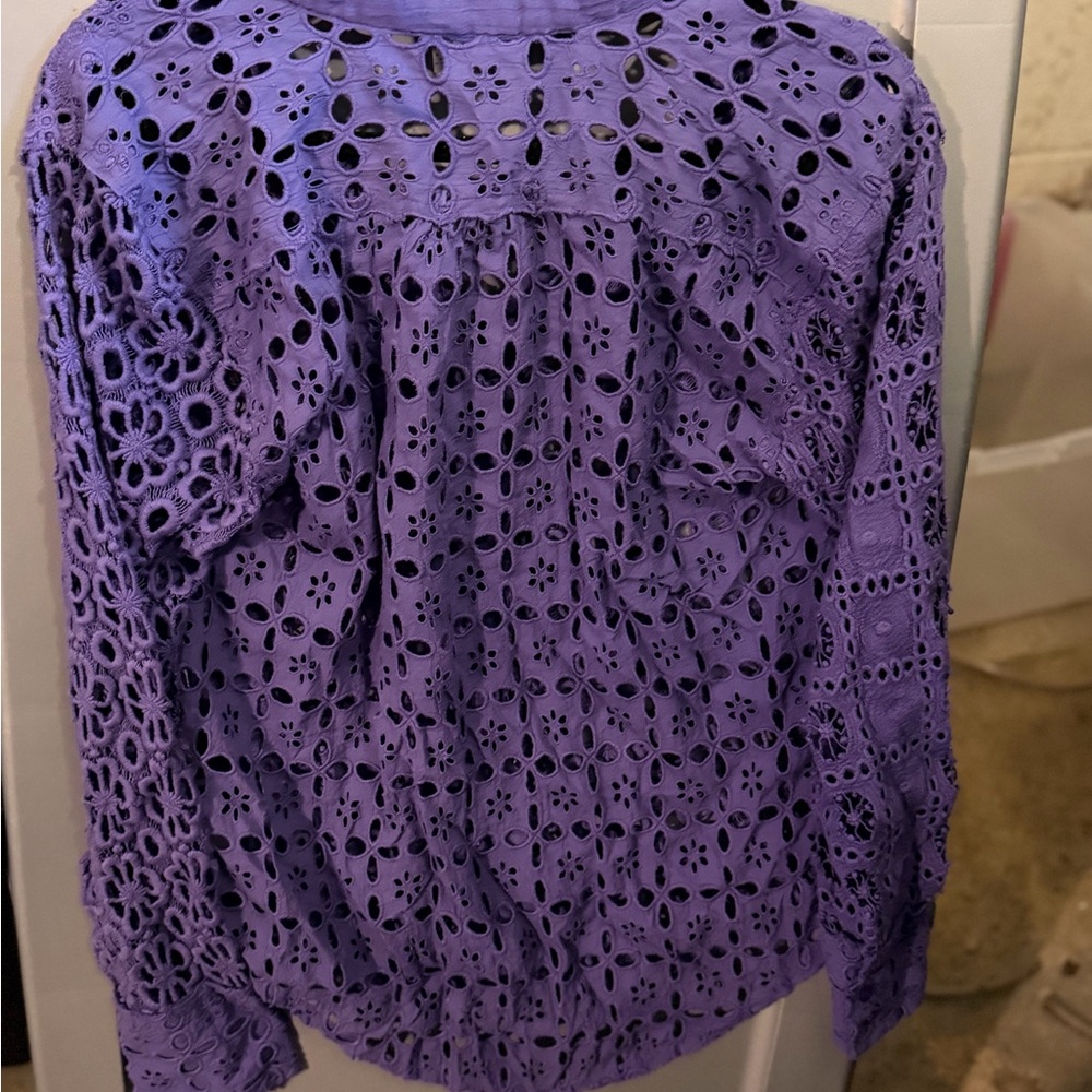 Lilac Crochet Eyelet Button-Down Shirt - Women's Lightweight Layering Top - Picture 3 of 3